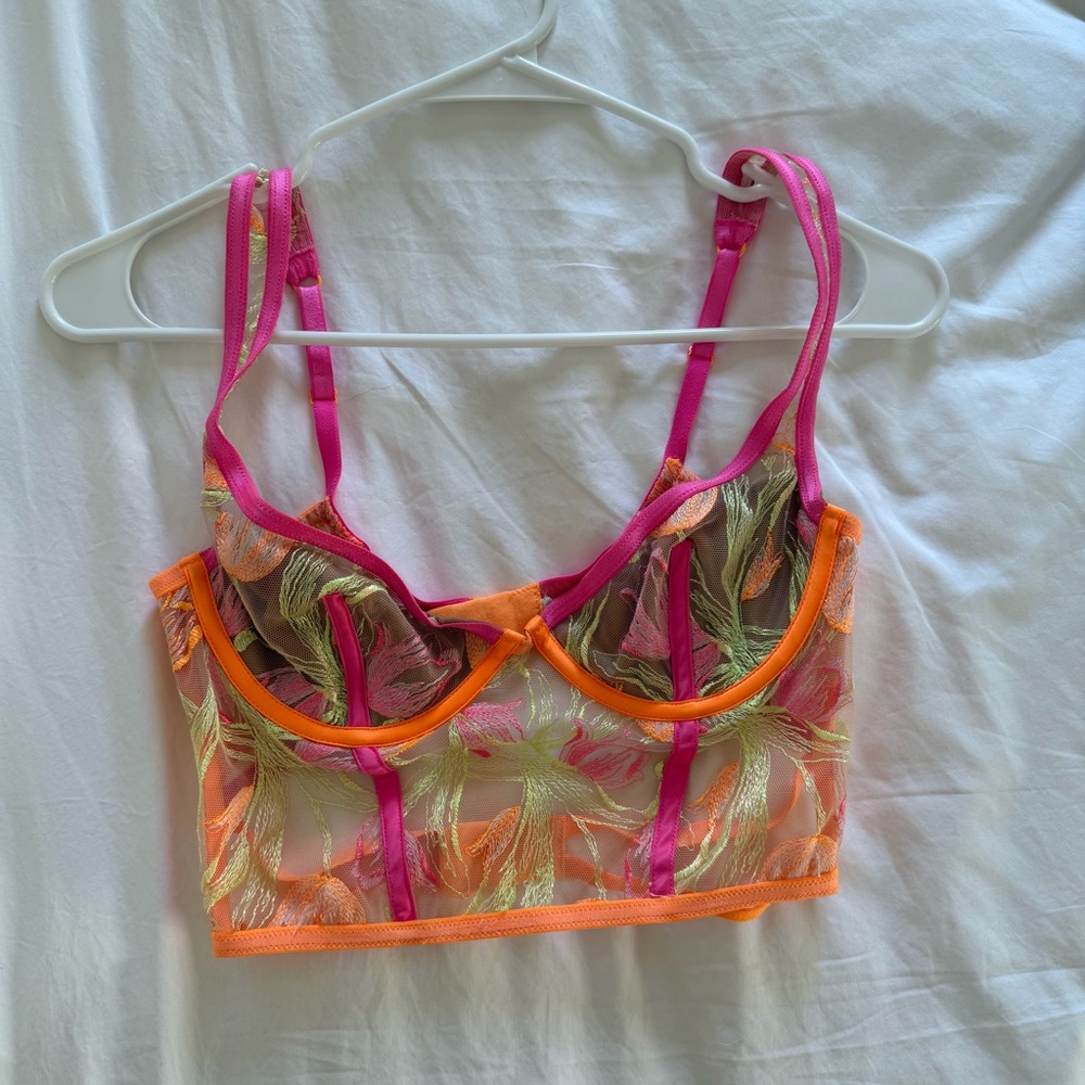 Sheer Floral Embroidered Bralette in Pink & Orange